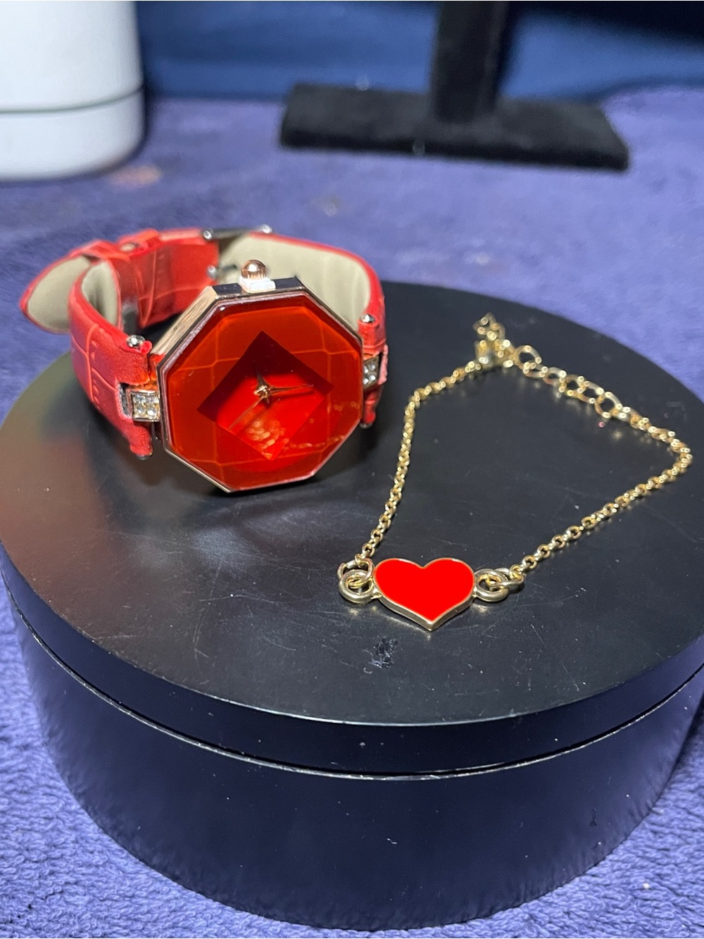 Red Heart Charm Bracelet with Red Faceted Watch Set